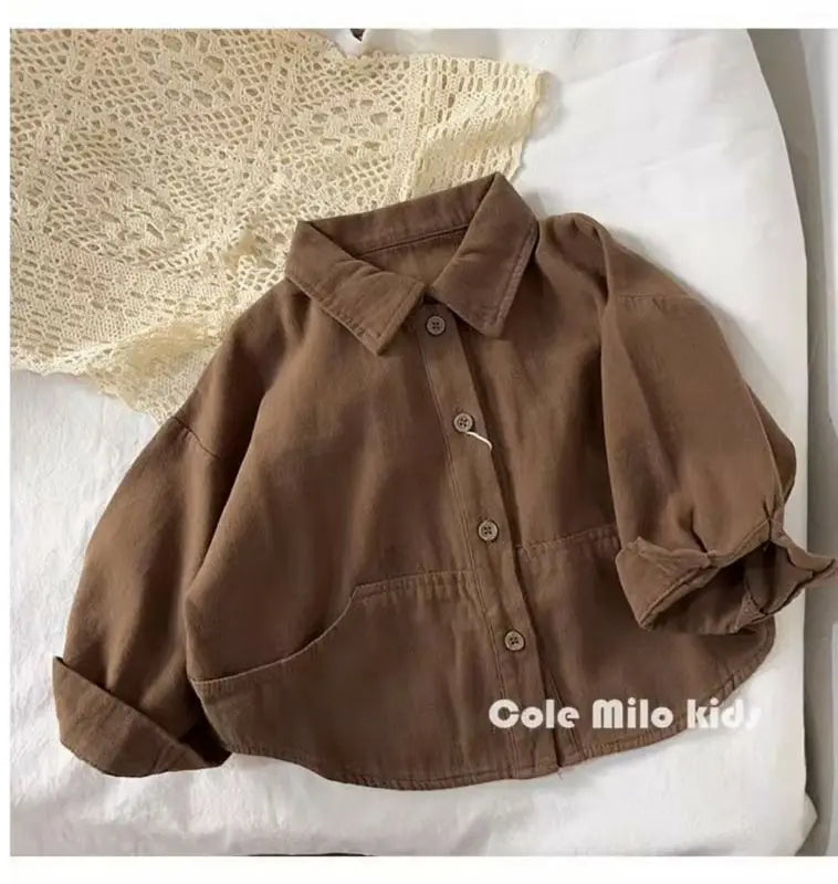 Baby and Toddler Collared Button-Up Shirt with Long Sleeves and Chest Pocket, Beige or Brown Unisex Casual Top for Spring and Fall Family Outfits