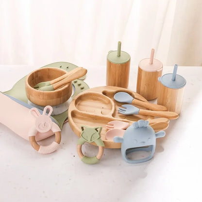 Bamboo Baby Tableware Set with Animal Plate Designs, Bowl, Cup and Wooden-Handle Utensil Options for Supervised Infant and Toddler Mealtimes