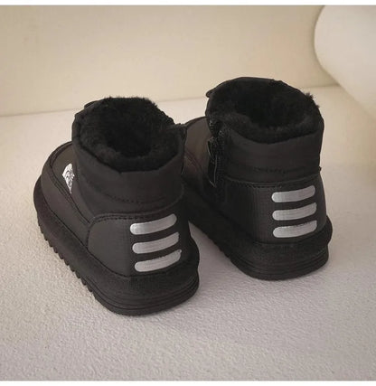 Plush-Lined Kids Snow Boots with Side Zippers and Chunky Platform Soles, Boys and Girls Winter Ankle Boots in Pink, Black and Ivory