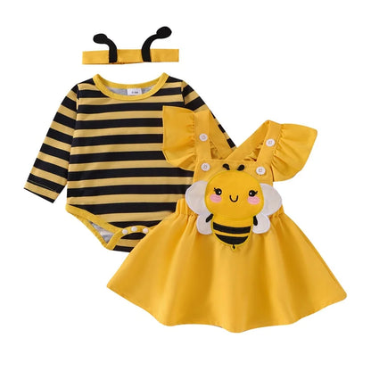 Infant Girl Bee and Ladybug Dress Set with Long Sleeve Cotton Blend Romper, Embroidered Suspender Skirt and Matching Headband, 0-18 Months