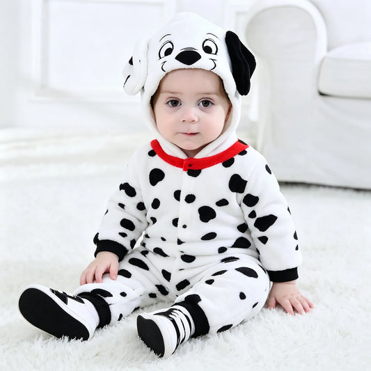 Baby Dalmatian Costume with Puppy Hood, Flannel Animal Jumpsuit for Infants and Toddlers, Halloween Dress-Up and Photo Outfits