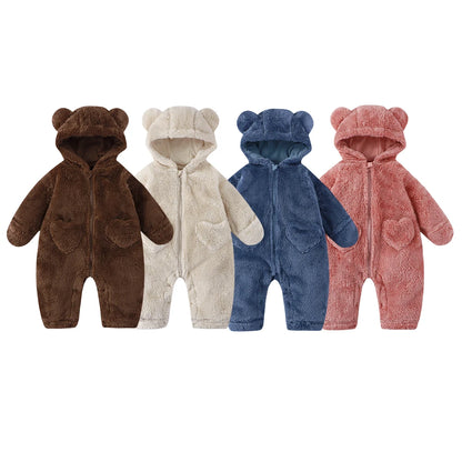 Bear Ear Baby Romper with Plush Texture and Heart Pockets, Hooded Zip Front One-Piece Outfit for Boys and Girls in Four Colors, 0-12 Months