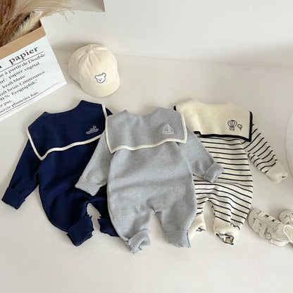 Sailor Collar Baby Knit Romper with Long Sleeves and Button Fastenings, Footless One-Piece Outfit in Gray, Stripe or Dark Blue, Sizes 66-100