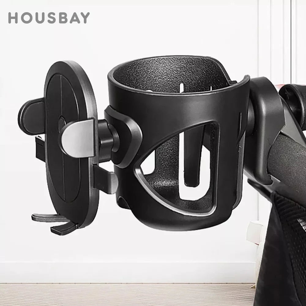 Stroller Drink and Phone Holder with Handlebar Clamp, Black Cup and Bottle Organizer with Separate Phone Cradle for Parent Walks and Family Outings