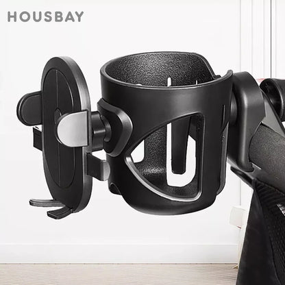 Stroller Drink and Phone Holder with Handlebar Clamp, Black Cup and Bottle Organizer with Separate Phone Cradle for Parent Walks and Family Outings