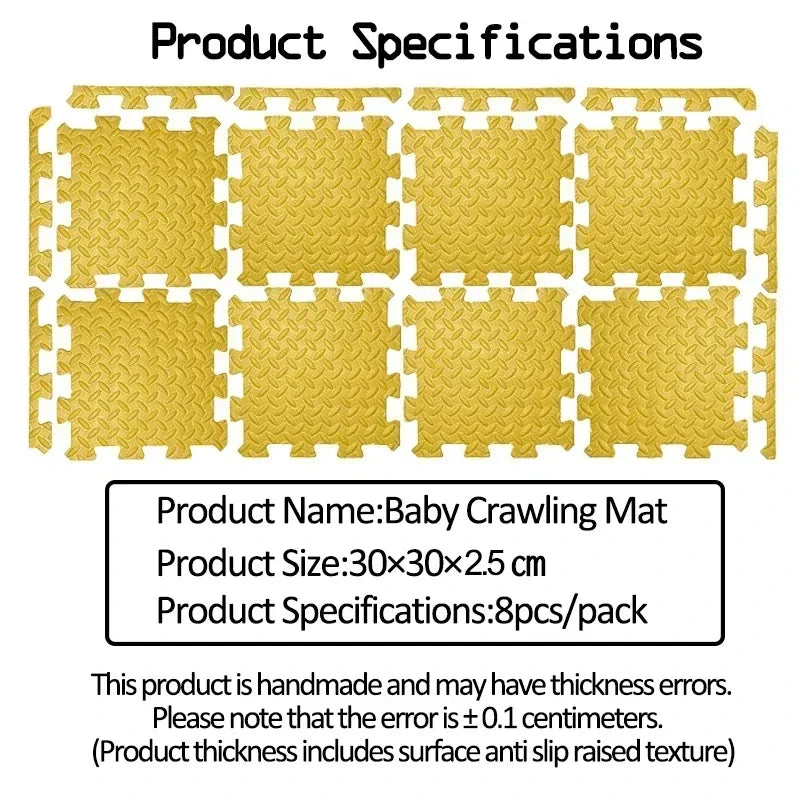 Textured Baby Puzzle Floor Mat, 8 Solid-Color Interlocking 30 x 30 cm Tiles with 2.5 cm Thickness for Supervised Nursery and Playroom Activities