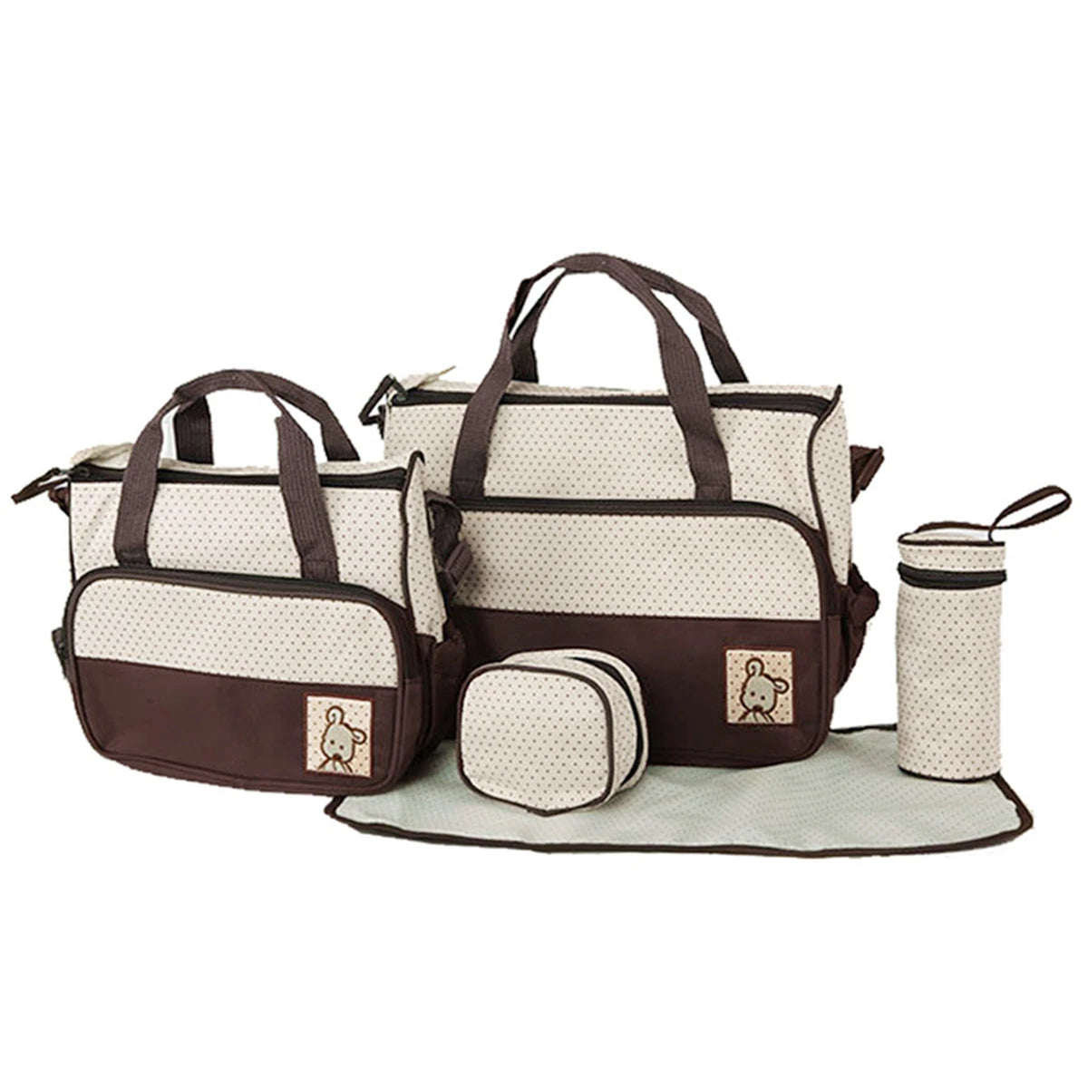 Diaper Bag Set 5 Piece with Polka Dot Design, Large Mommy Tote and Coordinating Storage Bags for Baby Essentials, Daily Outings and Travel
