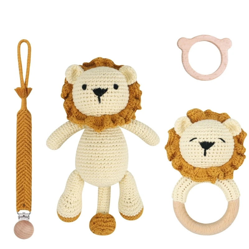 Crochet Animal Rattle Set with Wooden Ring and Coordinating Accessories, Rabbit, Deer and More Designs for Supervised Play and Baby Shower Gifts