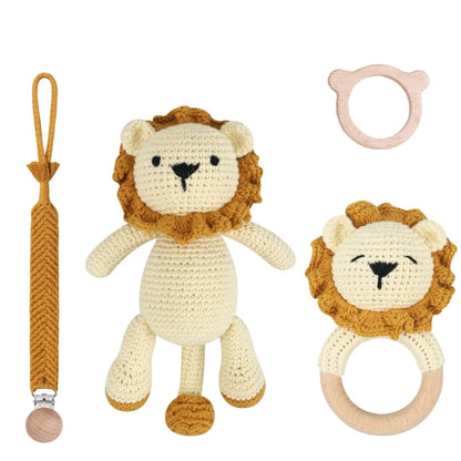 Crochet Animal Rattle Set with Wooden Ring and Coordinating Accessories, Rabbit, Deer and More Designs for Supervised Play and Baby Shower Gifts