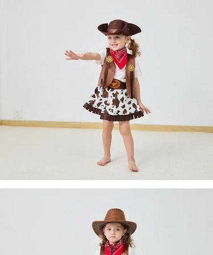 Girls Cowgirl Costume Set with Brown Fringe Vest, Cow-Print Skirt, Hat and Bandana, Western Dress-Up Outfit for Halloween and Birthday Parties