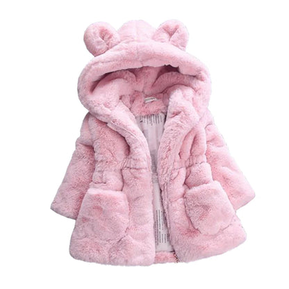 Girls Faux Fur Winter Coat with Bear Ear Hood and Zip Front, Plush-Look Toddler Jacket in Red, Beige, Black or Pink, Sizes 2T–7T