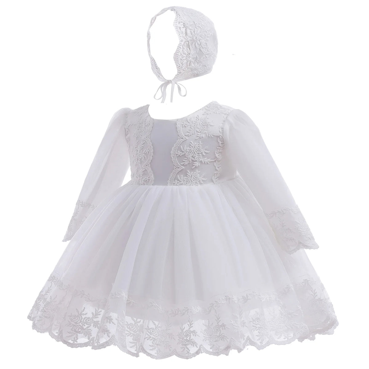 Baby Baptism Gown for Girls with Long Sleeves, Lace Details and Cotton Lining, Dress and Cap Set for Christening and First Birthday Photos