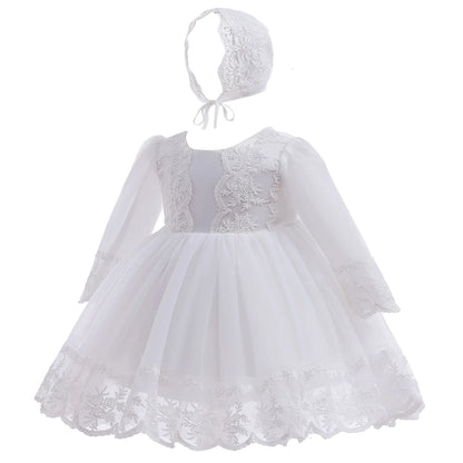 Baby Baptism Gown for Girls with Long Sleeves, Lace Details and Cotton Lining, Dress and Cap Set for Christening and First Birthday Photos