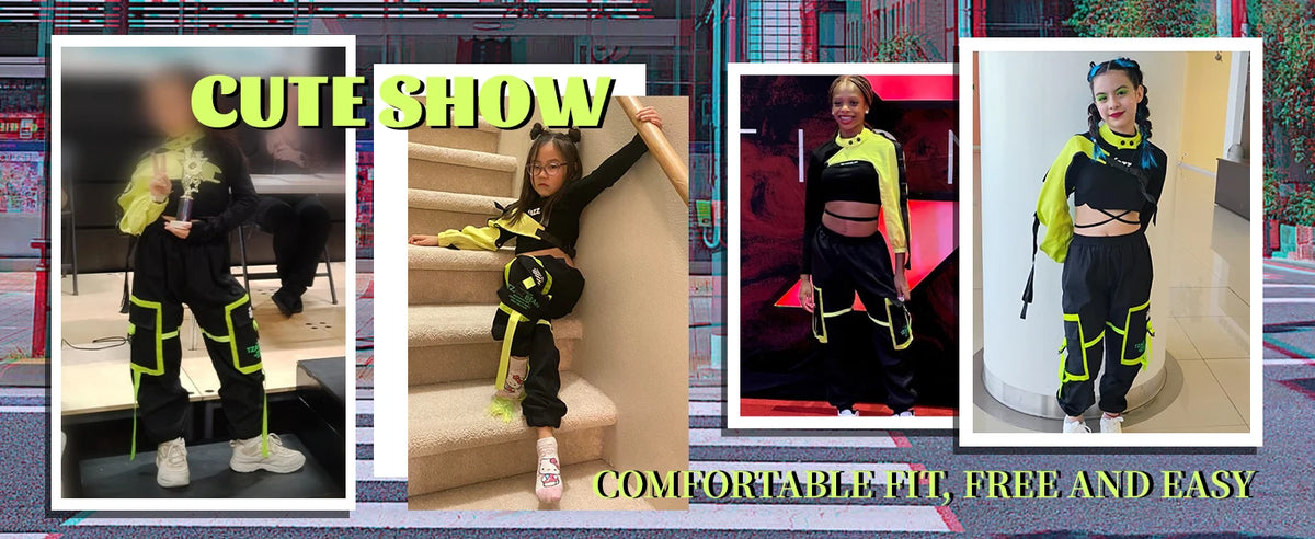 Girls Hip Hop Cargo Pants Dance Set with Crop Top and Decorative Sleeve, Three-Piece Colorblock Stage Outfit for Ages 4–16 by LOLANTA