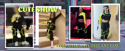 Girls Hip Hop Cargo Pants Dance Set with Crop Top and Decorative Sleeve, Three-Piece Colorblock Stage Outfit for Ages 4–16 by LOLANTA