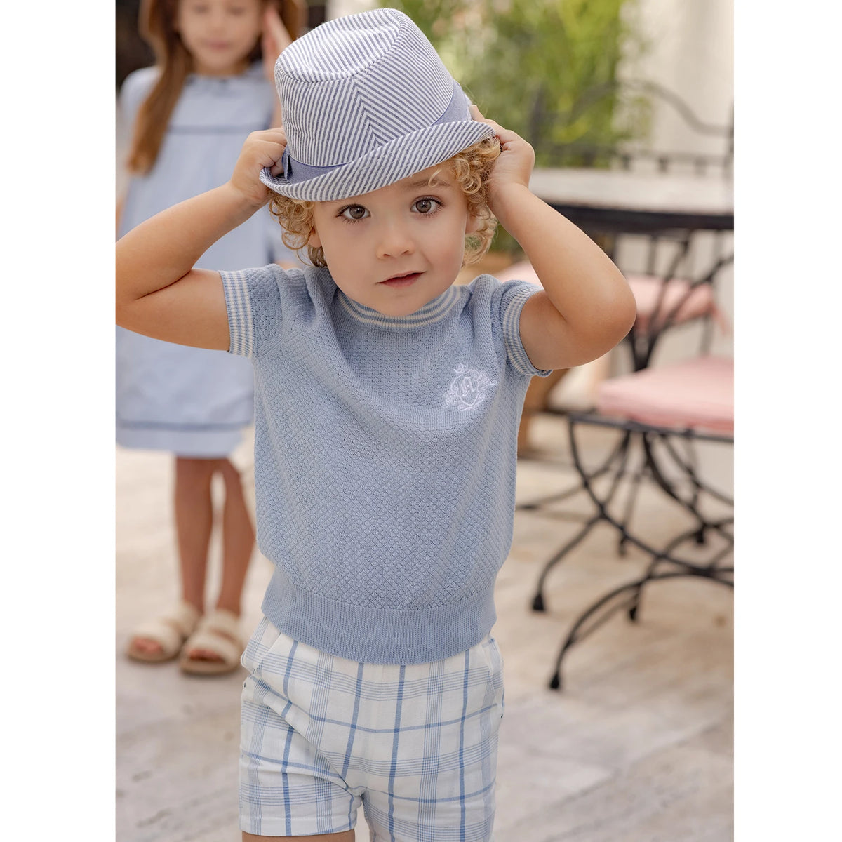 Light Blue Sibling Matching Outfits with Cotton Girls Collared Dresses, Baby Rompers and Boys Plaid Sets, Lyocell Knit Tops and White Separates