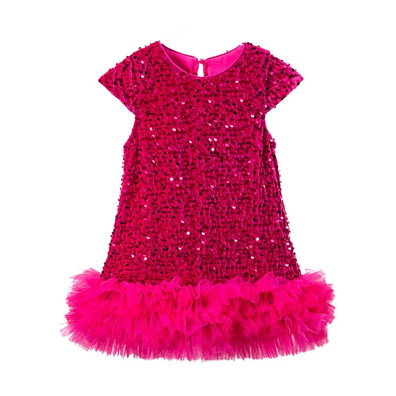 Girls Sequin Party Dress, Short Sleeve Sparkle Dress with Fluffy Mesh Ruffle Hem and Cotton Blend Lining for Birthdays and Holiday Photos, 2T-6T