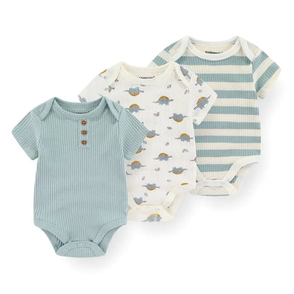 Cotton Infant Bodysuit Trio with Short Sleeves, Printed and Solid Baby One-Piece Outfits with Bottom Snaps for Boys and Girls, 3M-12M