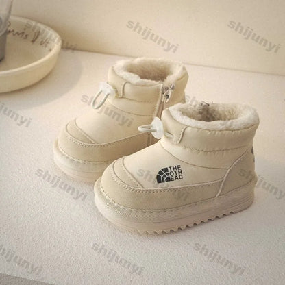 Plush-Lined Kids Snow Boots with Side Zippers and Chunky Platform Soles, Boys and Girls Winter Ankle Boots in Pink, Black and Ivory