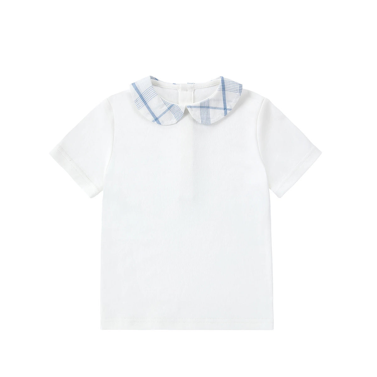 Light Blue Sibling Matching Outfits with Cotton Girls Collared Dresses, Baby Rompers and Boys Plaid Sets, Lyocell Knit Tops and White Separates