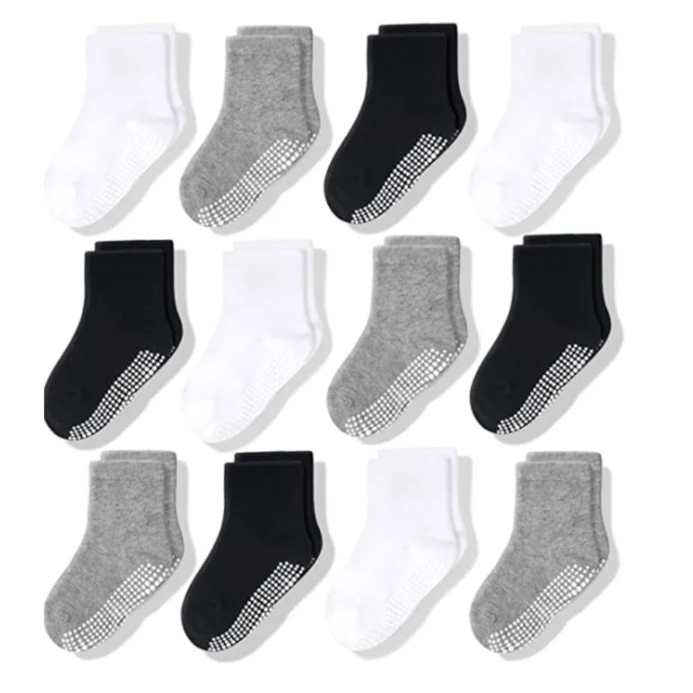 Cotton-Rich Baby Non-Slip Socks 12-Pair Pack, Crew Grip Socks with Ribbed Cuffs and Stretch Fit for Infant and Toddler Boys and Girls