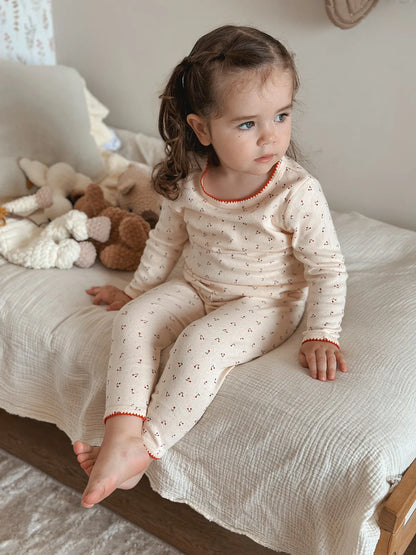 Cherry Print Girls Cotton Pajama Set, Cream Long Sleeve Top and Matching Pants with Red Picot Trim, Two-Piece Toddler Homewear, 1-6T