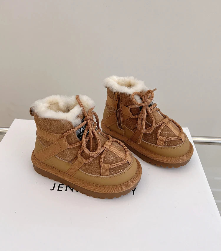 Plush-Lined Toddler Ankle Boots with Lace-Up Front and Side Zipper, Camel or Black Winter Shoes for Boys and Girls, Sizes 18-30