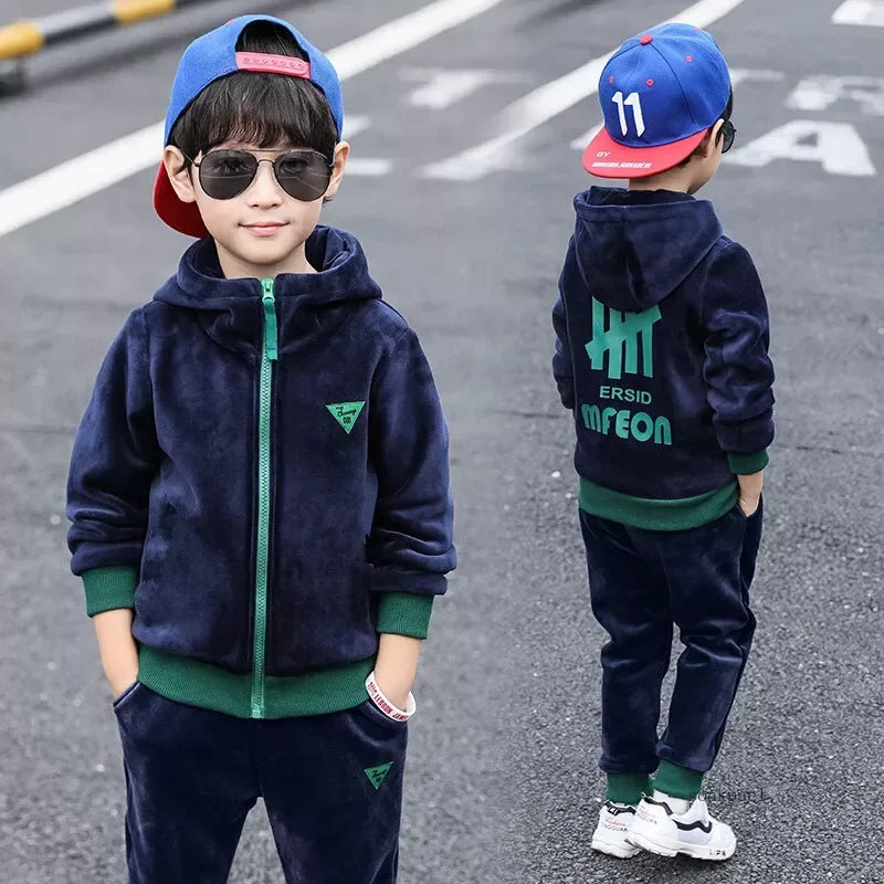 Boys Winter Tracksuit Set with Velvet-Texture Zip-Up Hooded Jacket and Matching Pants, 2-Piece Polyester Outfit for Ages 3-10