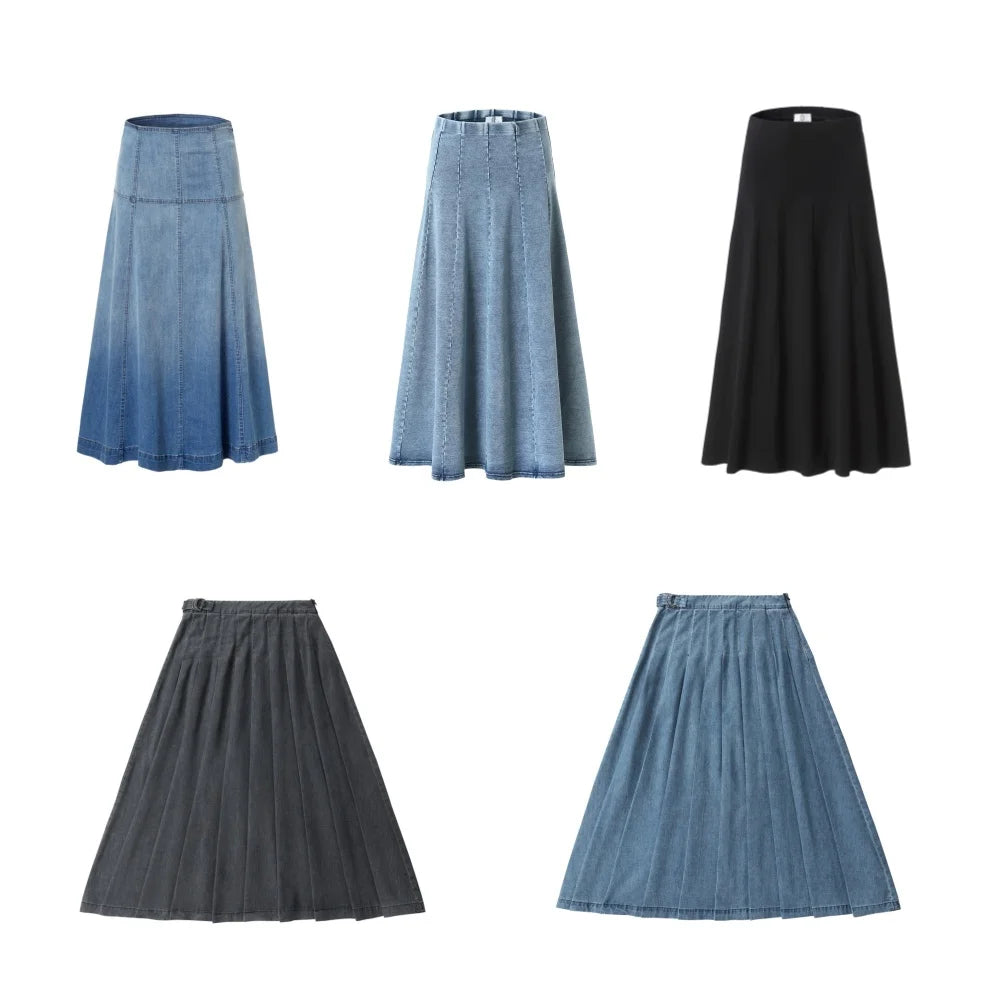 Denim Panel Pleated Skirt for Girls, Teens and Women, Washed Blue and Gray Cotton Styles with Black Jersey Option for Everyday Casual Outfits