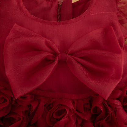 Rosette Baby Girl Party Dress with Large Front Bow and Ruffled Shoulders, Pink or Red Sleeveless Outfit for First Birthdays and Wedding Photos