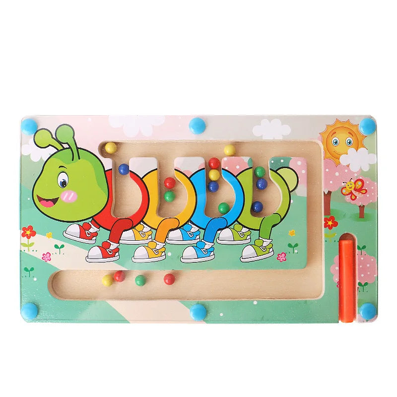 Magnetic Color Sorting Maze Board, Wooden Bead Puzzle with Tethered Wand for Montessori-Inspired Color Matching, Counting and Route Planning