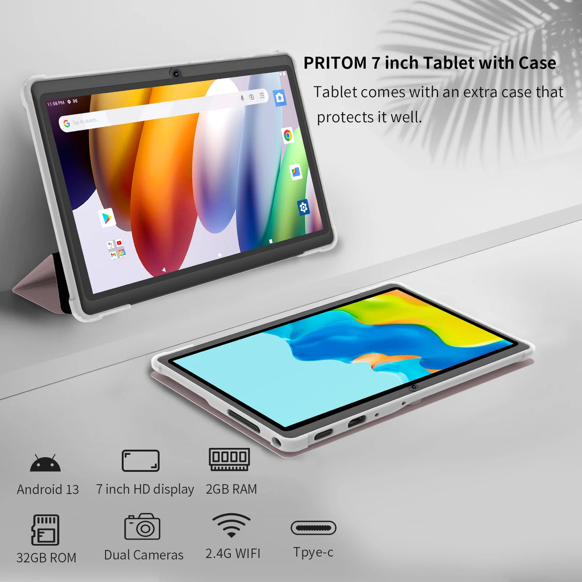 7 Inch Android Tablet with Protective Case, Pritom Android 13 Quad-Core WiFi Tablet with 32GB Storage, 2GB RAM Plus 2GB Virtual Memory and Dual Cameras