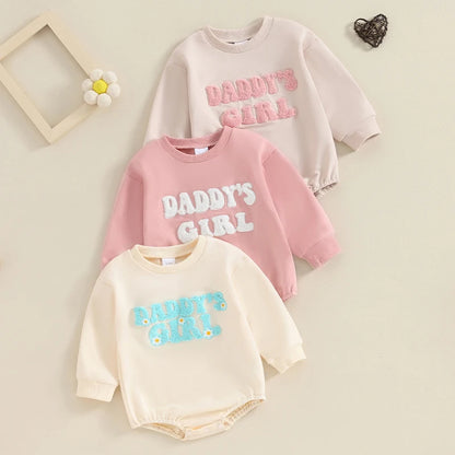 Daddy's Girl Baby Sweatshirt Romper with Letter Embroidery, Cotton-Blend Long Sleeve Crew Neck One-Piece Outfit for Spring and Fall, 3M-18M