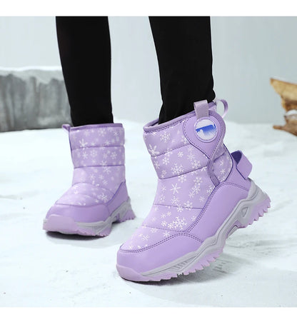 Snowflake Print Kids Winter Boots with Padded Shafts, Pull Tabs and Chunky Tread Soles, Pink Snow-Style Footwear for Boys and Girls