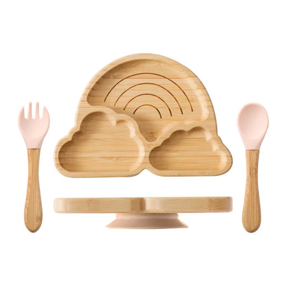 Bamboo Baby Suction Bowl and Tableware Options, Sun, Cloud and Dinosaur Designs with Single-Piece or 3-Piece Wooden-Handle Utensil Sets