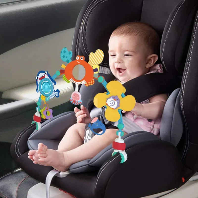 Stroller Activity Toy Arch with Colorful Hanging Play Details, Ocean or Bee Theme Clip-On Baby Play Bar for Supervised Sensory Exploration