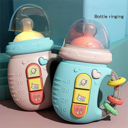 Bottle-Shaped Musical Baby Rattle with Light-Up Top, Three Picture Buttons and Colorful Handle Rings for Supervised Sensory Play and Gifts