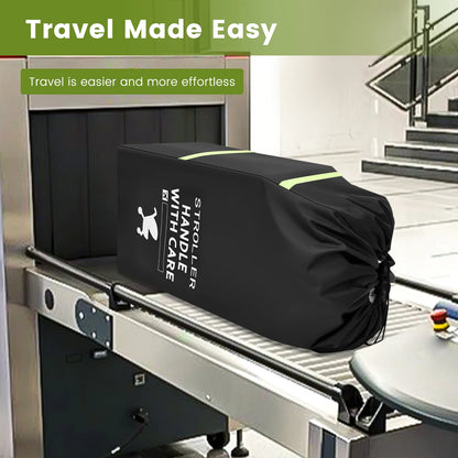Stroller Transport Cover Bag in 300D Oxford Cloth, Black Drawstring Travel Storage with Carry Strap and Name Tag Area for Flights and Road Trips