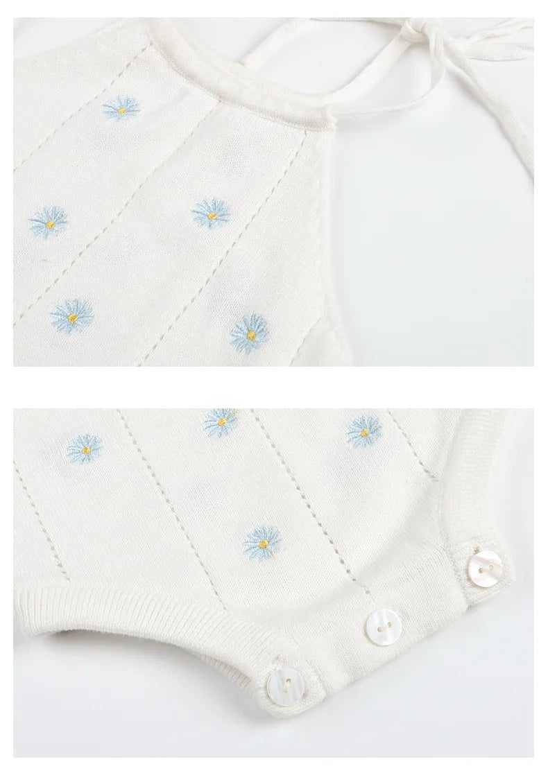 Sleeveless Baby Girl Bodysuit with Floral Cotton Knit and Tie Shoulders, White Openwork Summer One-Piece Outfit for Family Photos, 0-24M