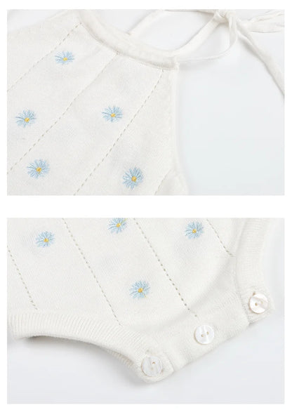 Sleeveless Baby Girl Bodysuit with Floral Cotton Knit and Tie Shoulders, White Openwork Summer One-Piece Outfit for Family Photos, 0-24M