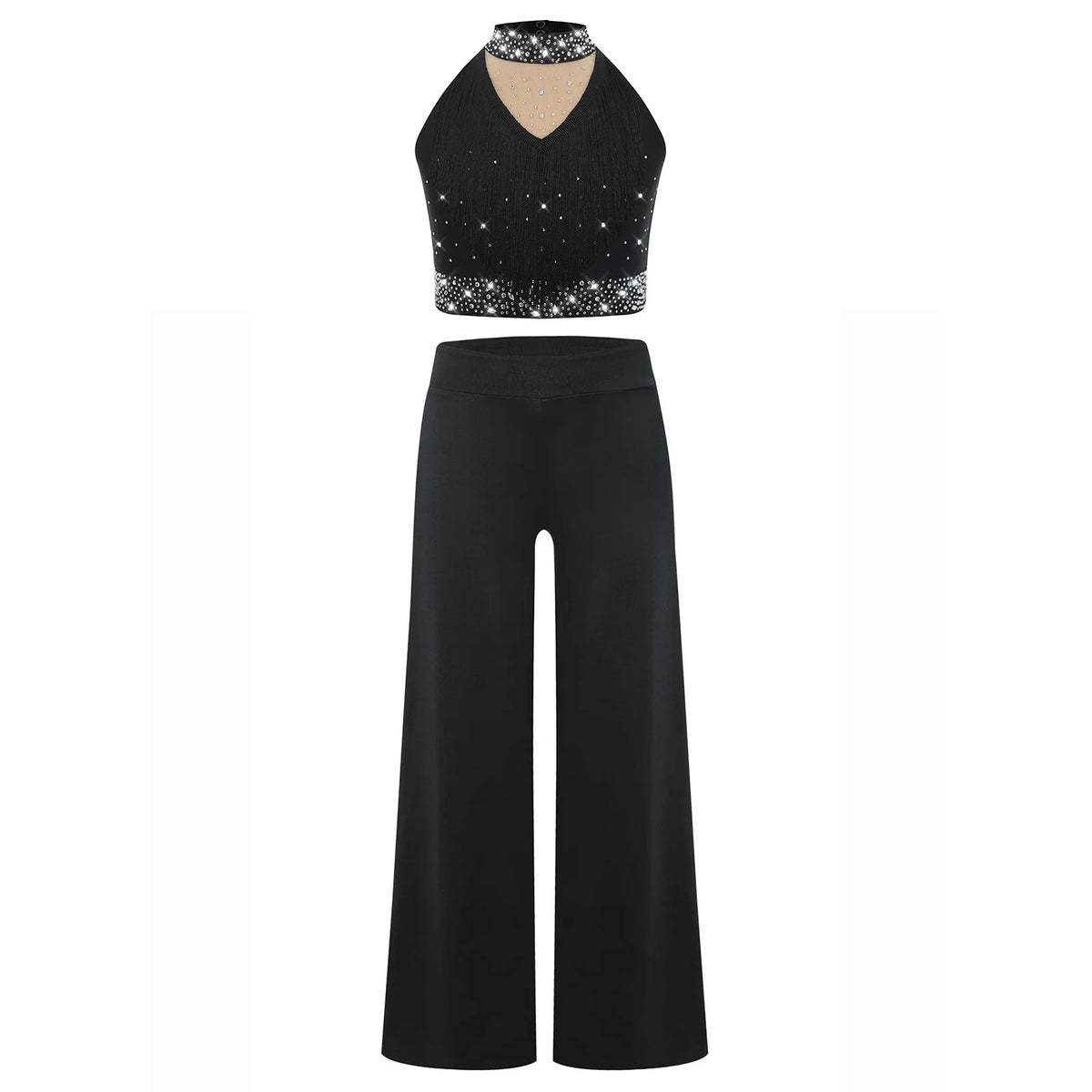 Girls Lyrical Dance Costume Set with Mock Neck Sparkle Top and Wide Leg Pants, Chiffon Overlay and Sleeveless Styles for Recitals and Stage Performances