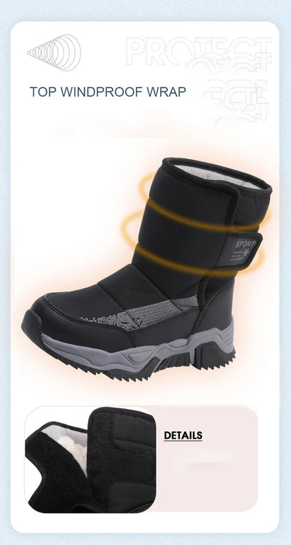 High-Top Kids Snow Boots with Hook-and-Loop Side Straps, Padded Shafts and Chunky Tread Soles for Winter Outings, Chinese Sizes 31-42