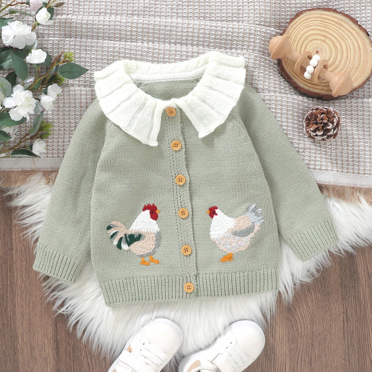 Rooster Embroidered Baby Girl Cardigan with White Ruffle Collar, Long Sleeve Button-Front Knit Sweater in Pink or Green, Sizes 6 Months to 3 Years