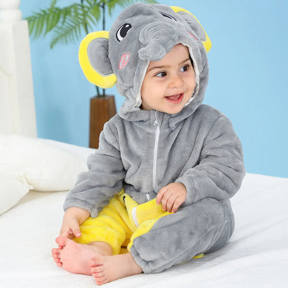 Baby Animal Hooded Costume Jumpsuit with Flannel Styling, Duck, Rabbit, Leopard and More Dress-Up Options for Boys and Girls, Sizes 70-120