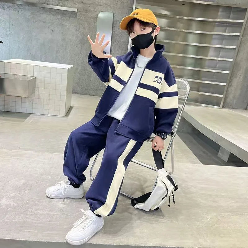 Colorblock Boys Tracksuit with Stand-Collar Zip-Up Jacket and Matching Jogger Pants, Gray or Navy Two-Piece Casual Outfit for Ages 4-12
