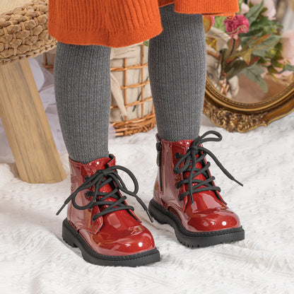 Kids PU Leather Combat Ankle Boots with Lace-Up Front, Side Zipper and Black Chunky Soles, Boys and Girls Fall Winter Shoes in Sizes 21-30