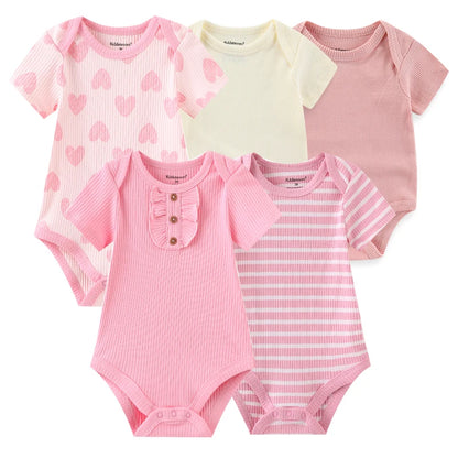 Infant Cotton Bodysuits 5-Pack with Short Sleeves and Envelope Shoulders, Solid Colors and Playful Prints for Baby Boys and Girls, Sizes 3M-12M
