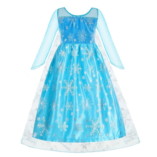 Blue Snowflake Princess Costume Dress for Girls with Sheer Long Sleeves and Flowing Overlay, Sizes 2T–5T for Birthday Dress-Up and Halloween