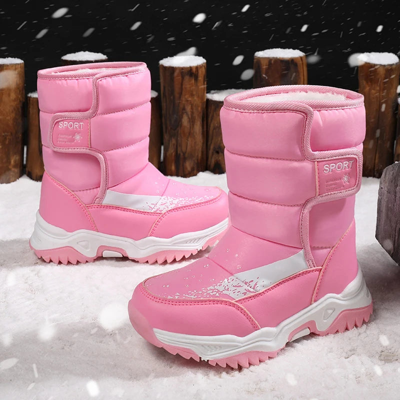 Kids Plush-Lined Winter Boots with Padded Shafts and Front Flap Closures, Pink or Purple Snow-Style Footwear for Boys and Girls