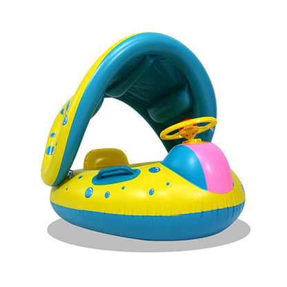 Yellow Baby Pool Float Seat with Sunshade and Steering Wheel, Inflatable Seated Swim Ring for Closely Supervised Summer Pool Play